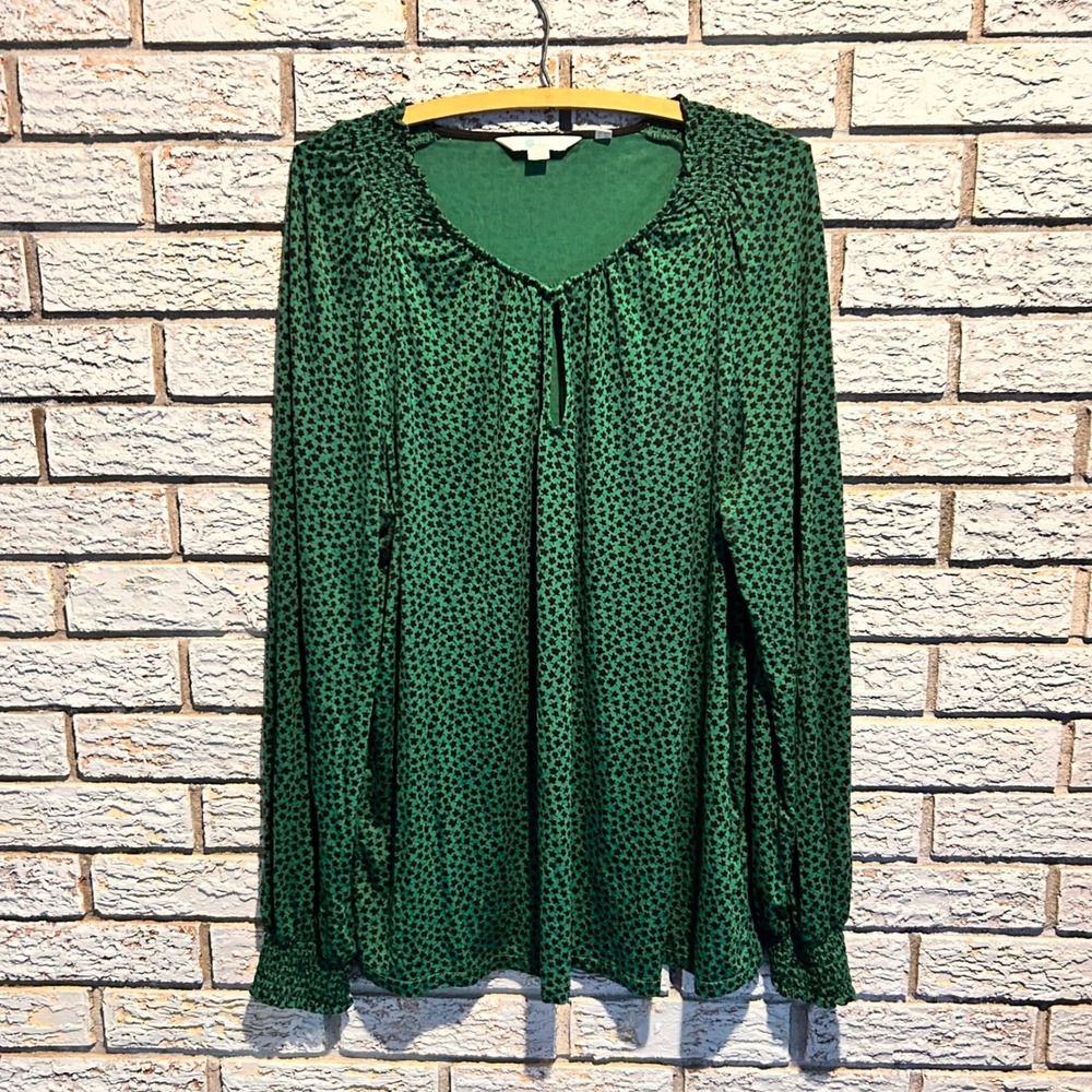 Boden Green Clover Print Keyhole Blouse Smocked Long Sleeve Top J0285